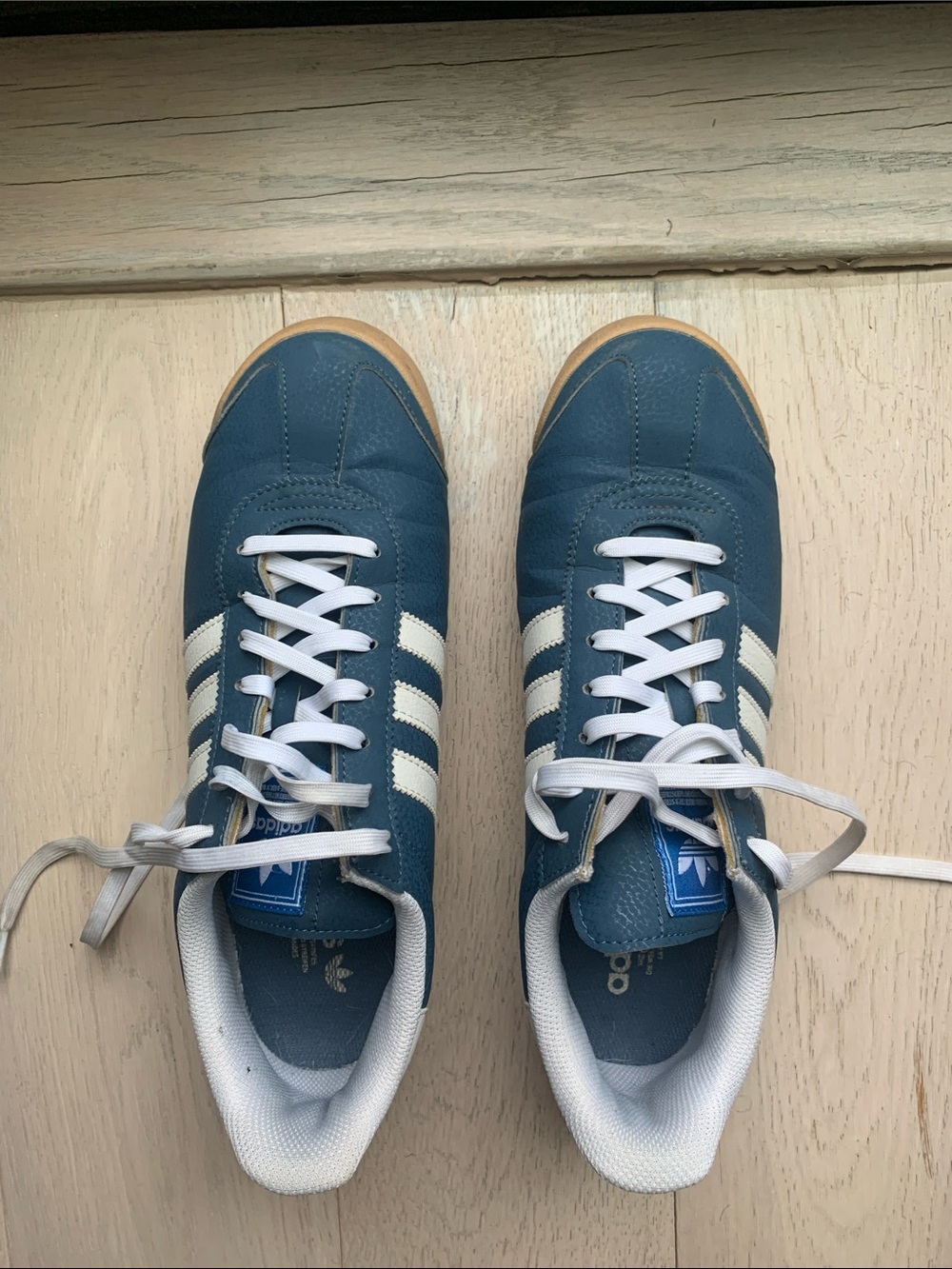 adidas Blue Sneakers with White Stripes and Gum Sole